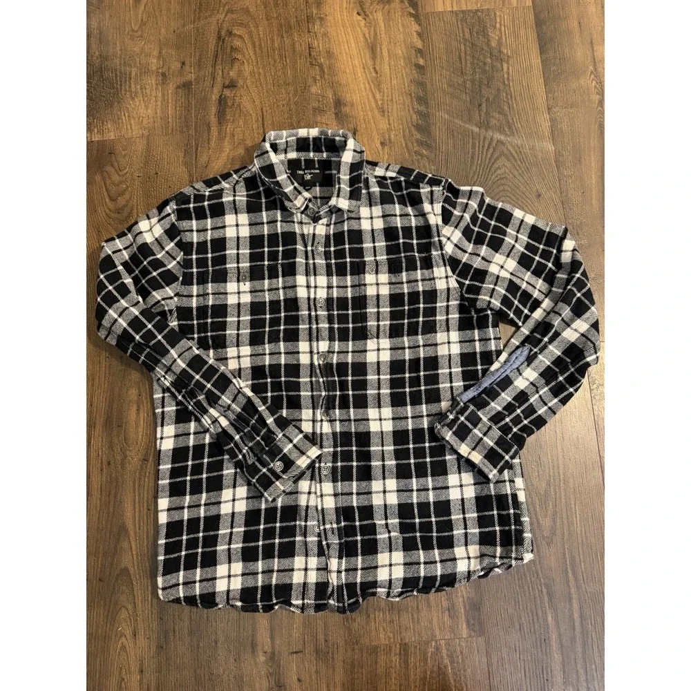 True Religion Shirt Mens Medium Black White Button Plaid Flannel Casual
